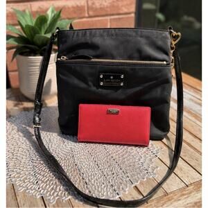 Kate Spade Black Nylon Crossbody Bag & Red Leather Wallet Bundle Gold Hardware
